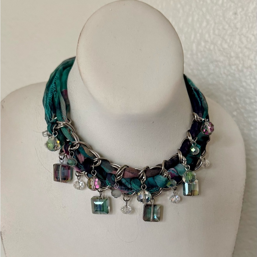 Handcrafted Silk Braid Necklace with Crystal Charms